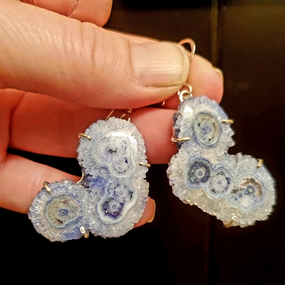 New Oversized Blue Solar Quartz Agate Silver Earrings. - Picture 7 of 14